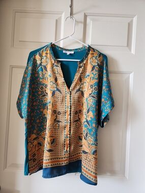 DR2 Teal and Mustard Floral Split-Neck Blouse